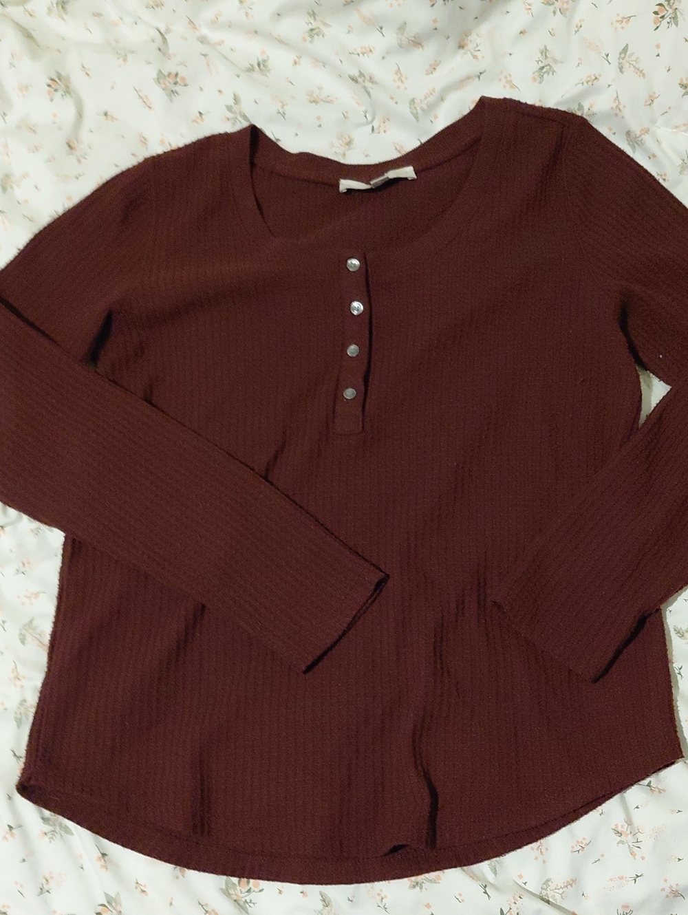 LOFT Long Sleeve Ribbed Henley Top - Deep Wine